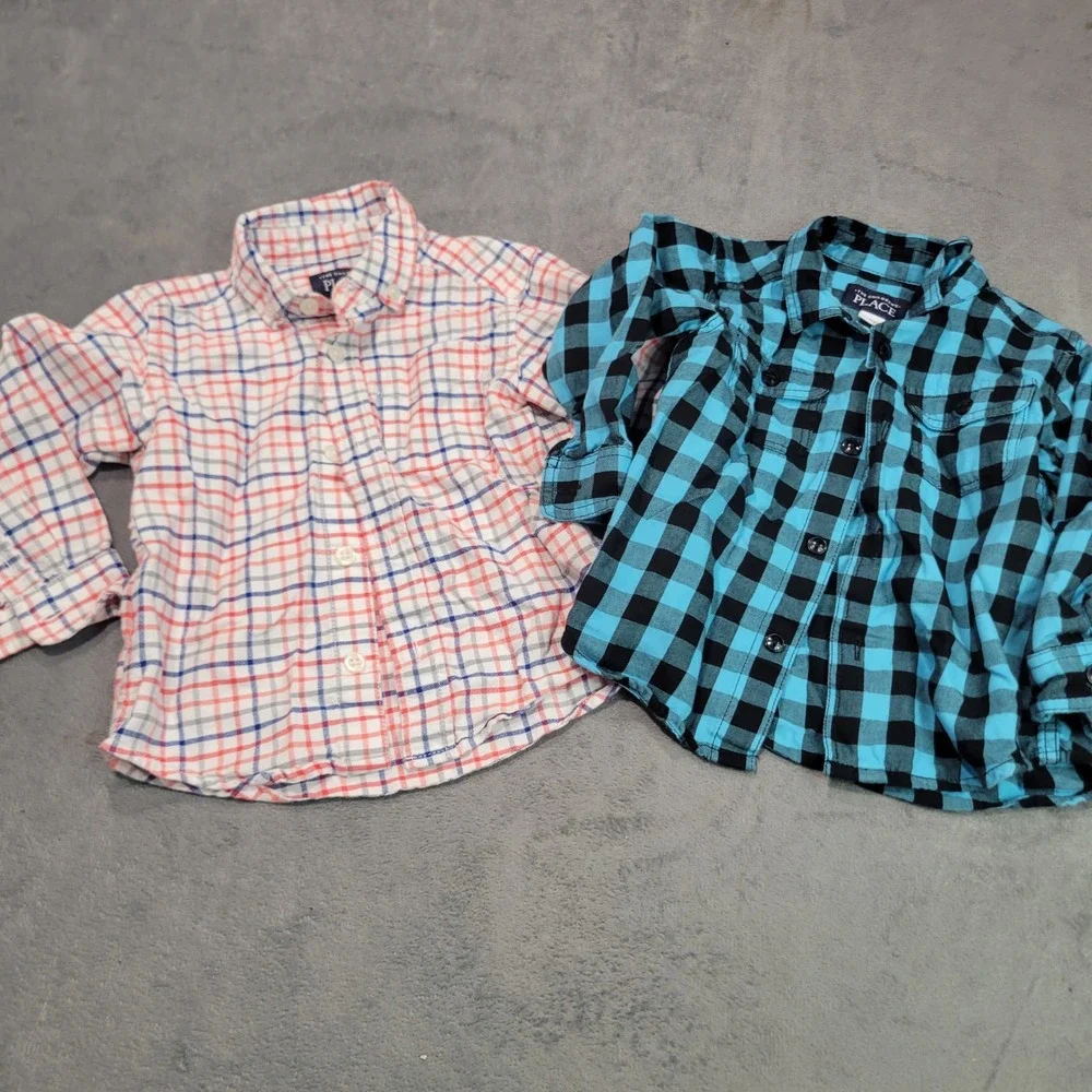 The Childrens Place Button Down Shirts Boys 18-24M Blue Red Plaid Check Lot of 2